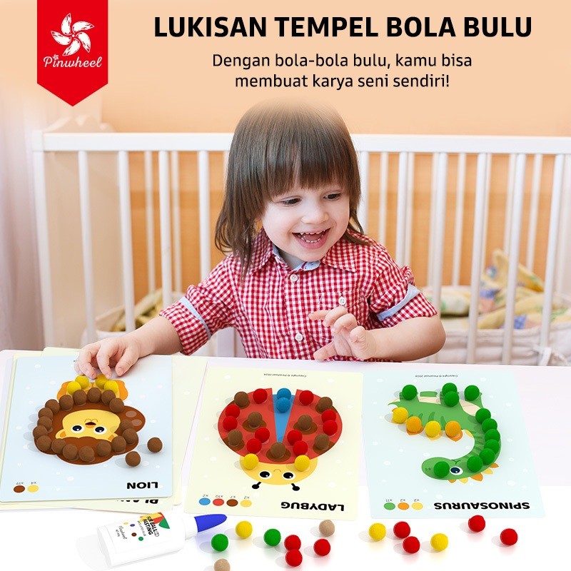 Pinwheel Fur Ball Sticking Art Mainan Edukasi Anak PomPom DIY Stiker Menempel Kreatif Usia 3 Tahun